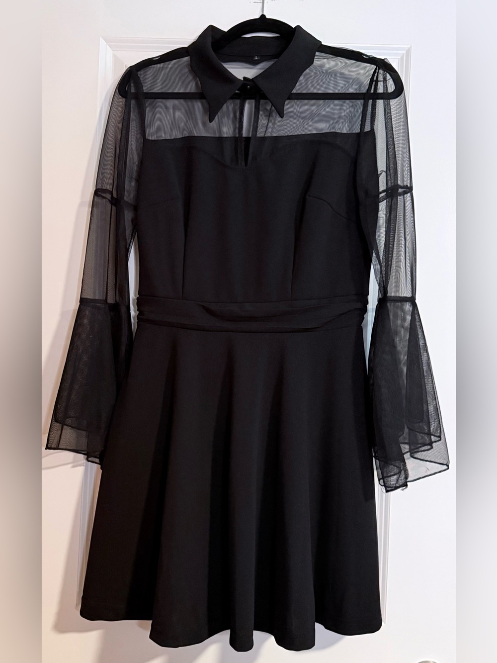 🆕 Women’s Little Black Dress L US10 sheer bell sleeves goth bat stretchy - Picture 8 of 10